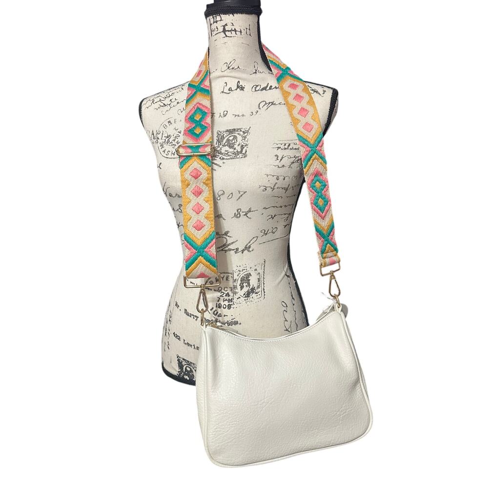 Threaded Pear White Crossbody Bag with Pastel Boho Strap – Vegan Leather – NWT